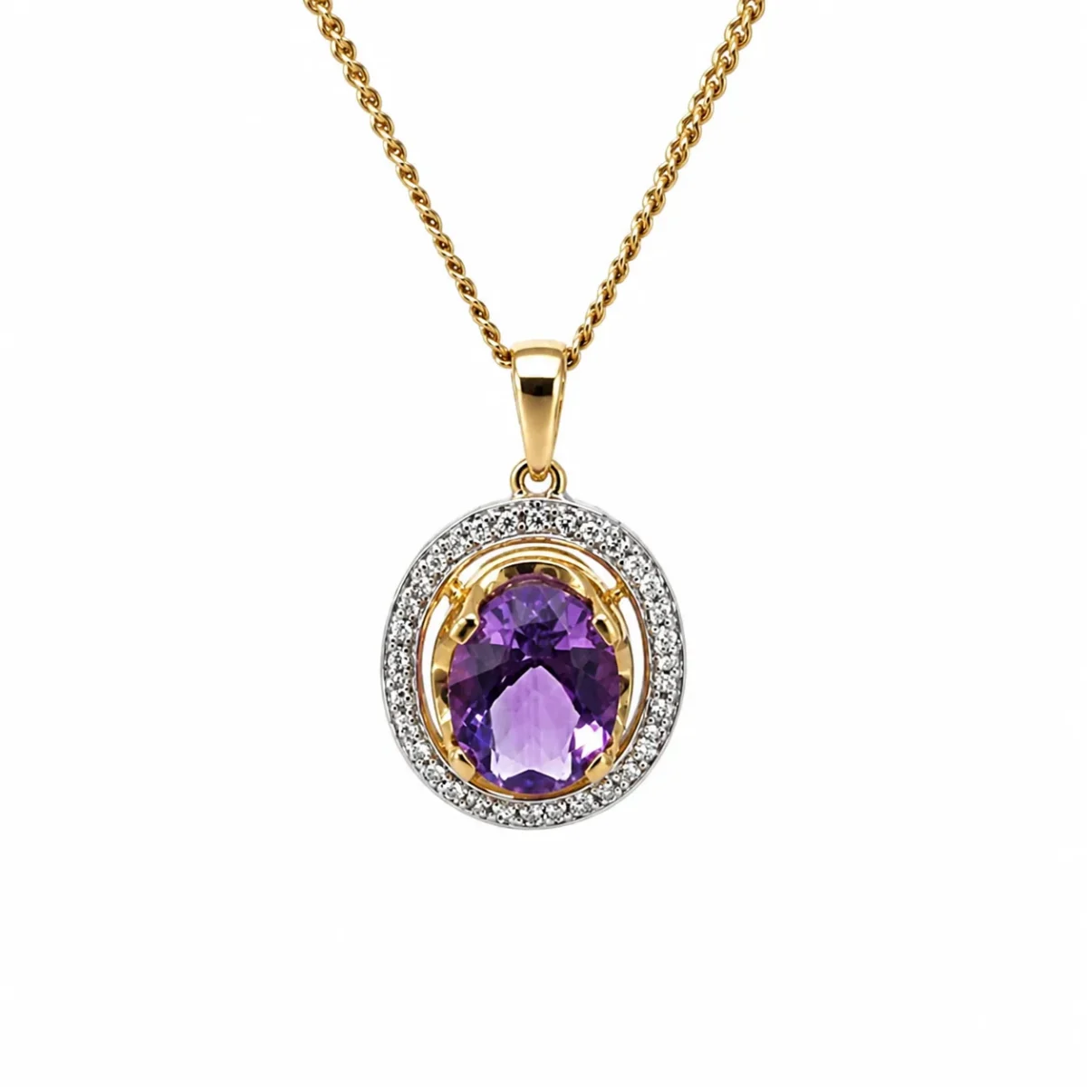 9ct Yellow Gold Oval Amethyst & Natural Diamond Halo Pendant - CYP2853