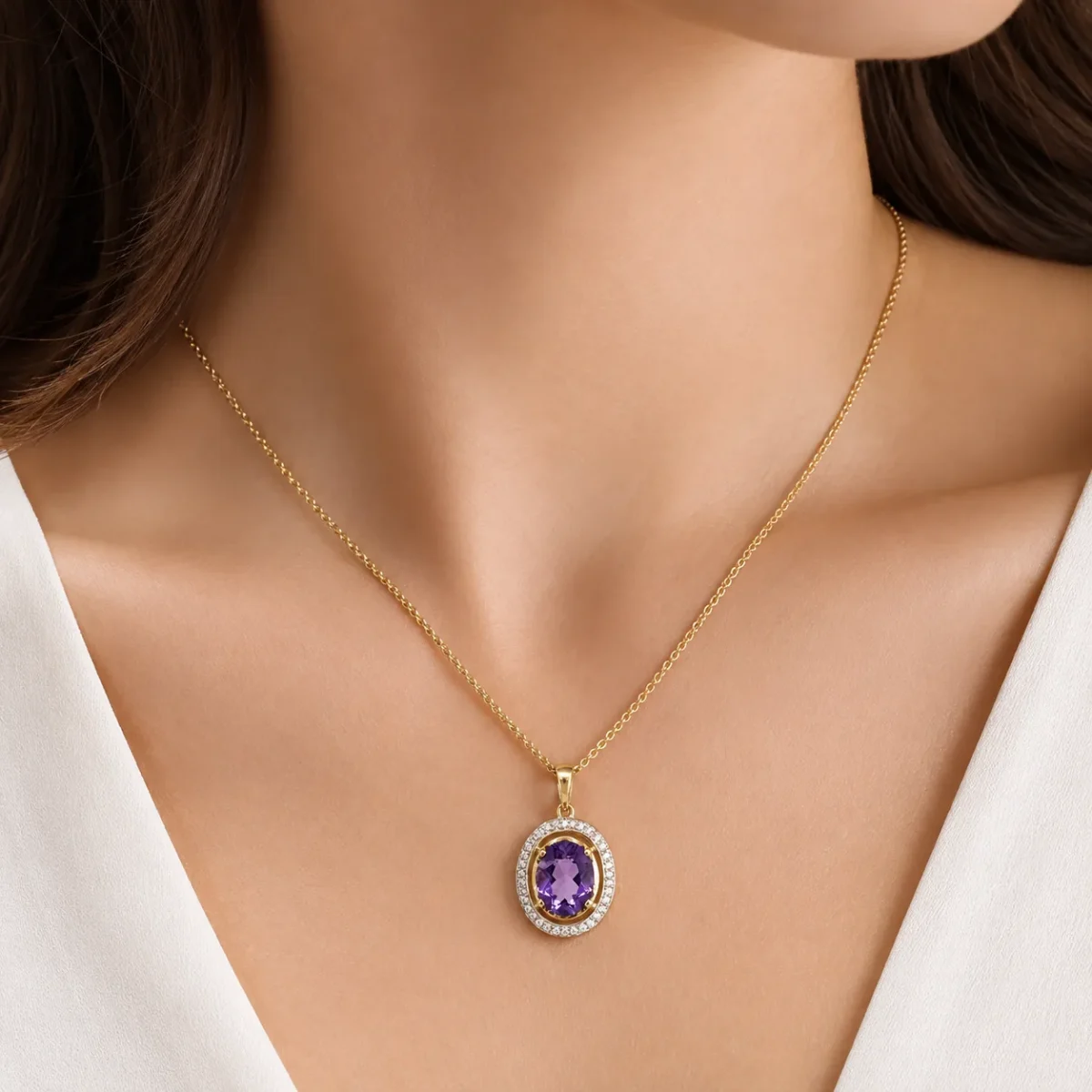 9ct Yellow Gold Oval Amethyst & Natural Diamond Halo Pendant - CYP2853