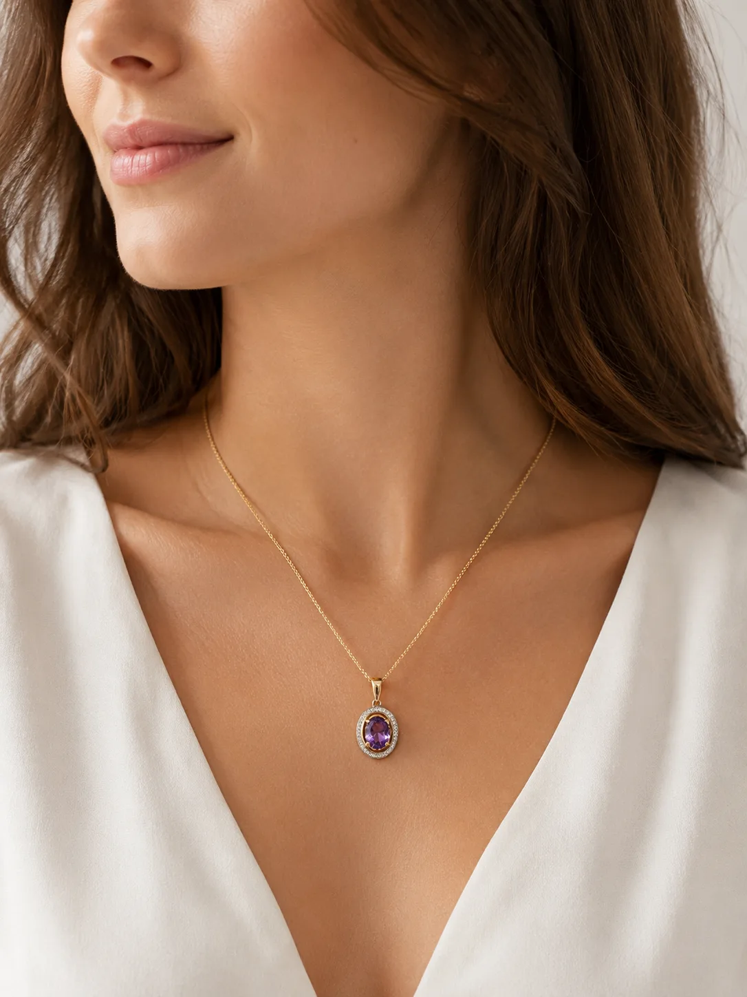 9ct Yellow Gold Oval Amethyst & Natural Diamond Halo Pendant - CYP2853