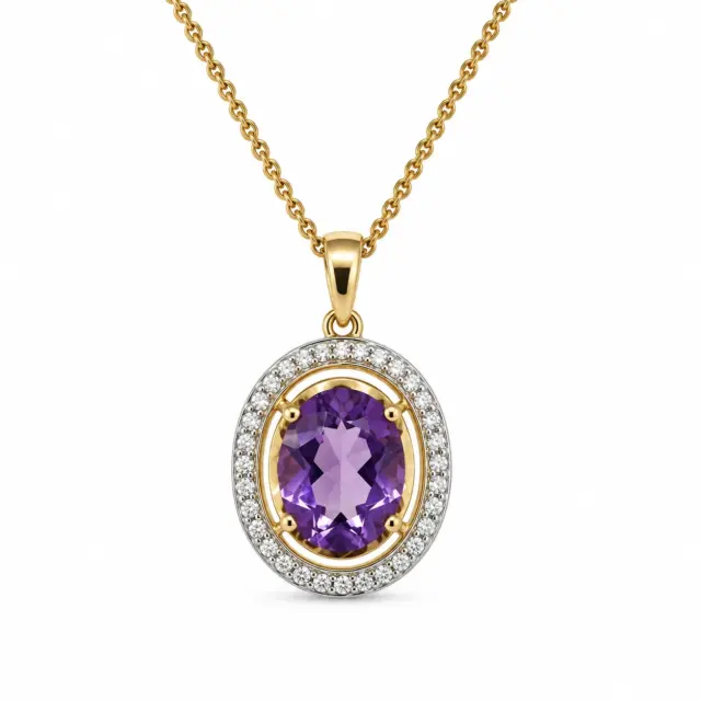 9ct Yellow Gold Oval Amethyst & Natural Diamond Halo Pendant - CYP2853