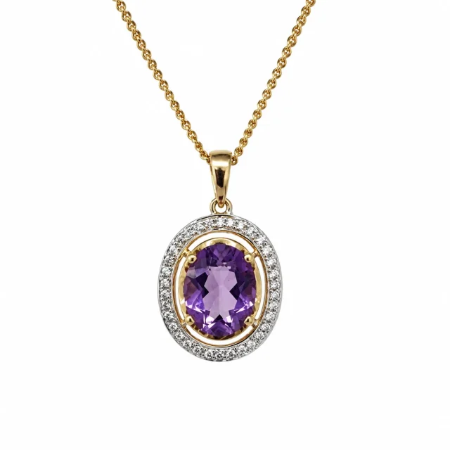 9ct Yellow Gold Oval Amethyst & Natural Diamond Halo Pendant - CYP2853