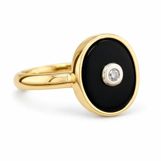 9ct Yellow Gold Oval Black Onyx & Diamond Ring