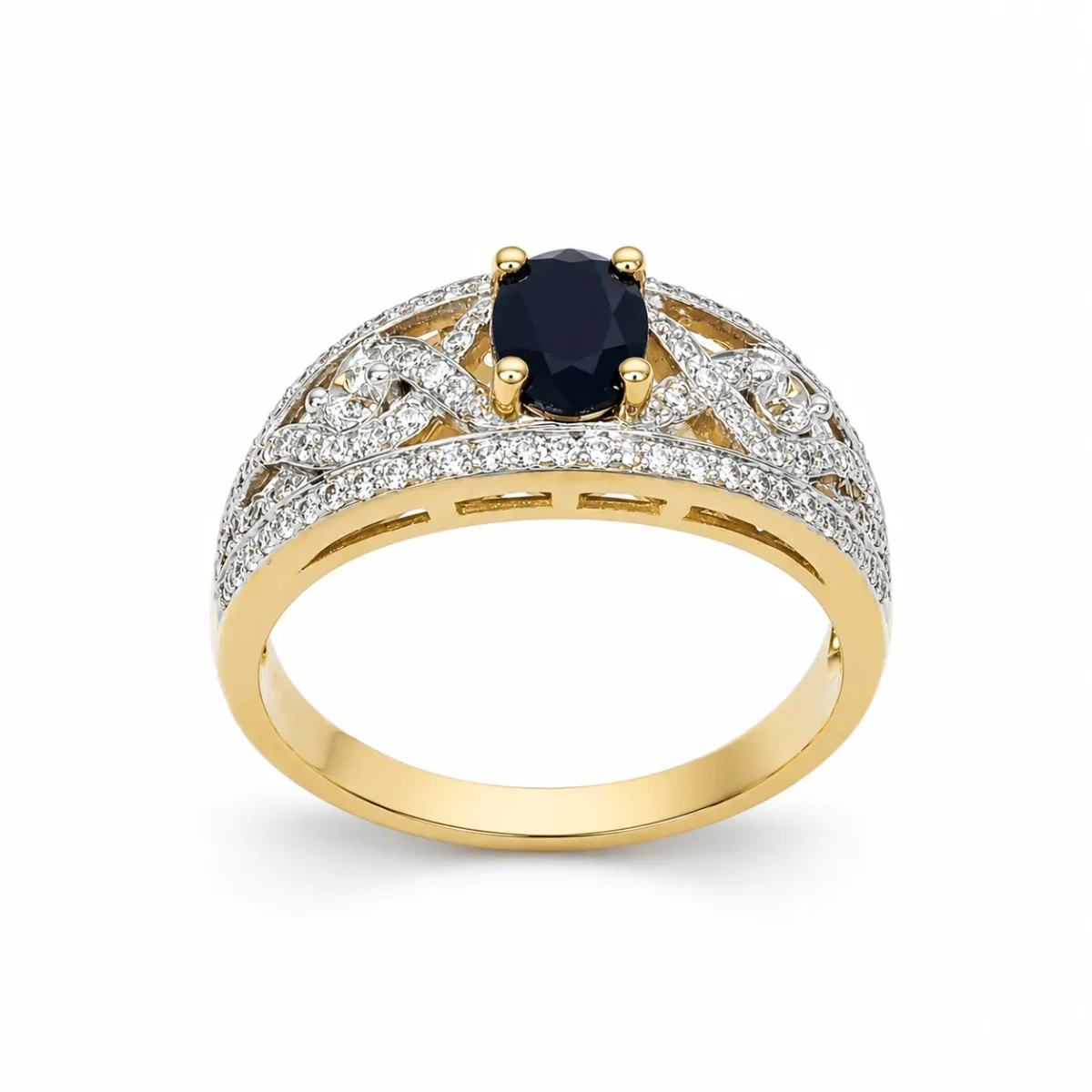 9ct Yellow Gold Oval Black Sapphire & Cubic Zirconia Dress Ring - D6181BLKSAP