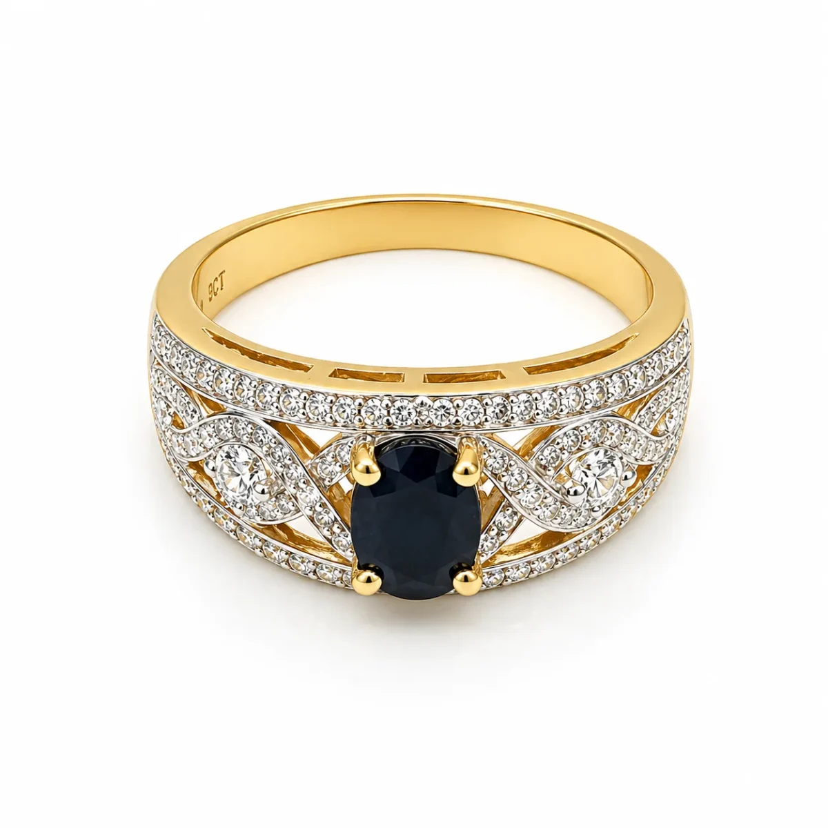 9ct Yellow Gold Oval Black Sapphire & Cubic Zirconia Dress Ring - D6181BLKSAP