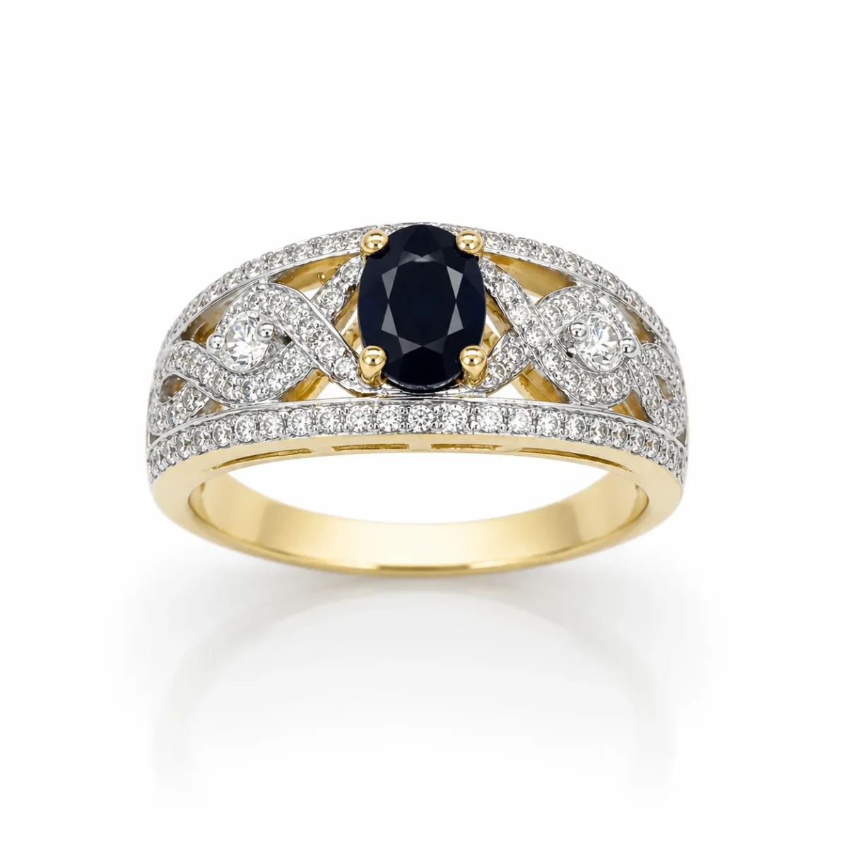9ct Yellow Gold Oval Black Sapphire & Cubic Zirconia Dress Ring - D6181BLKSAP