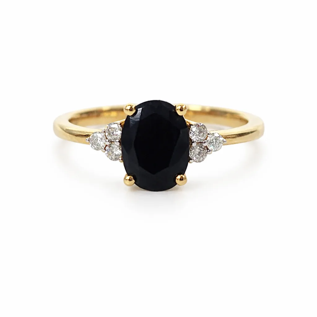 9ct Yellow Gold Oval Black Sapphire & Diamond Ring - 9CTD6872