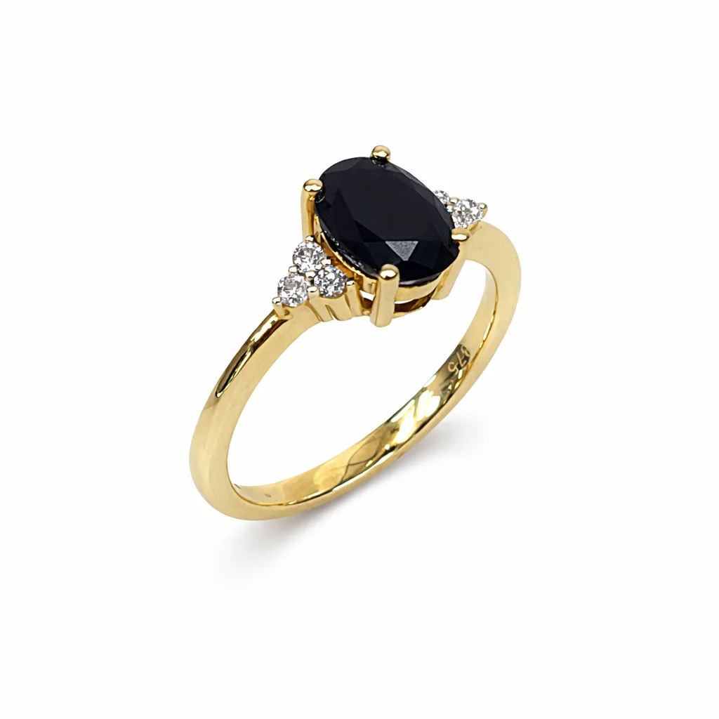 9ct Yellow Gold Oval Black Sapphire & Diamond Ring - 9CTD6872