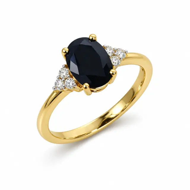 9ct Yellow Gold Oval Black Sapphire & Diamond Ring - 9CTD6872