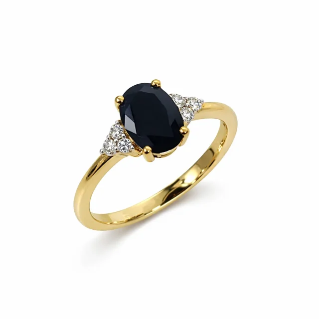 9ct Yellow Gold Oval Black Sapphire & Diamond Ring - 9CTD6872