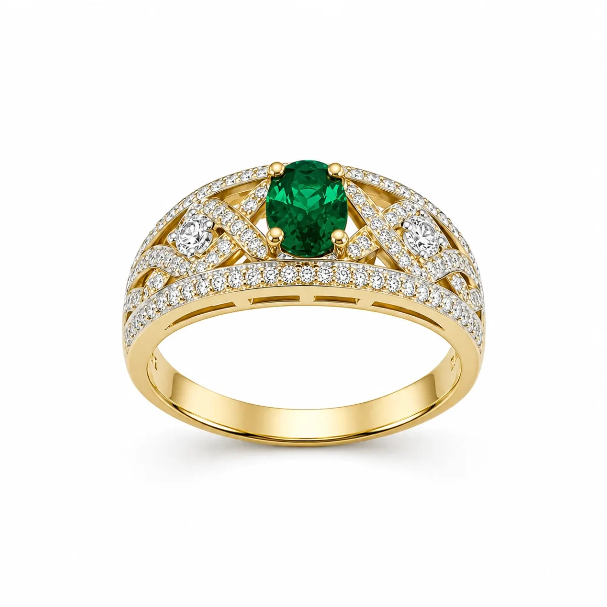 9ct Yellow Gold Oval Created Emerald & Cubic Zirconia Dress Ring - D6181CREM