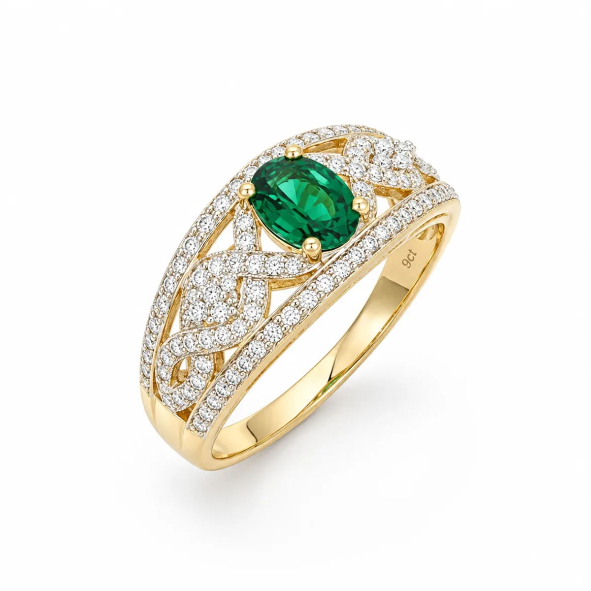 9ct Yellow Gold Oval Created Emerald & Cubic Zirconia Dress Ring - D6181CREM