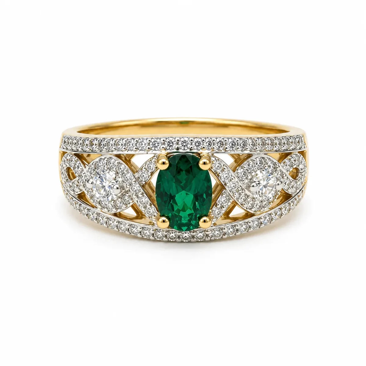 9ct Yellow Gold Oval Created Emerald & Cubic Zirconia Dress Ring - D6181CREM