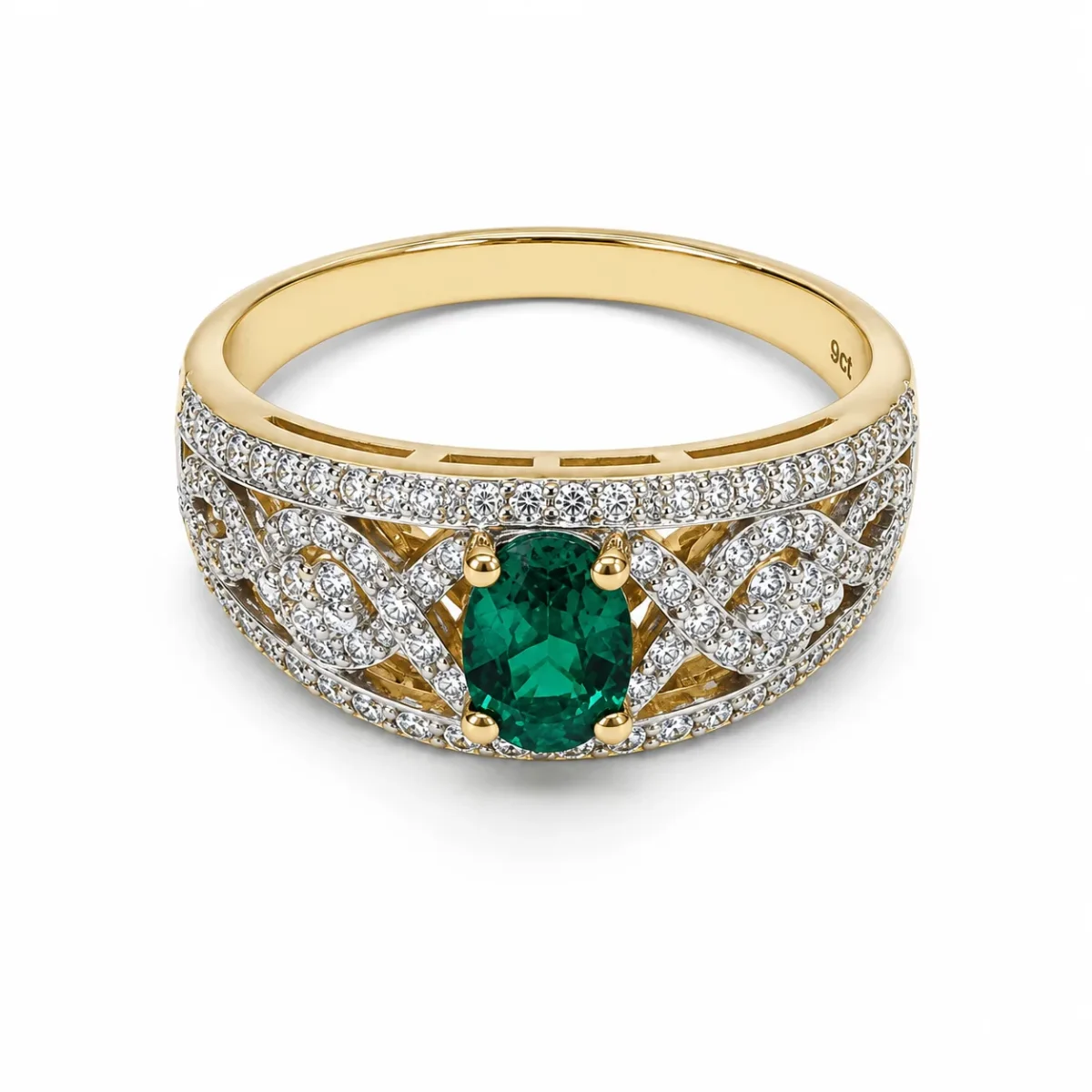 9ct Yellow Gold Oval Created Emerald & Cubic Zirconia Dress Ring - D6181CREM