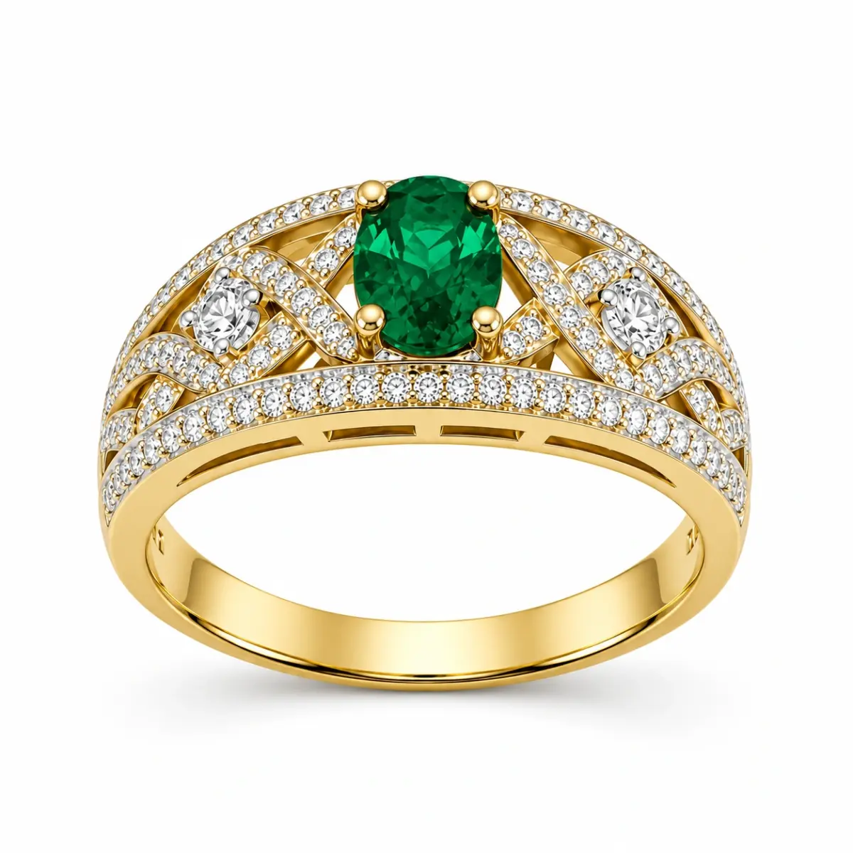 9ct Yellow Gold Oval Created Emerald & Cubic Zirconia Dress Ring - D6181CREM