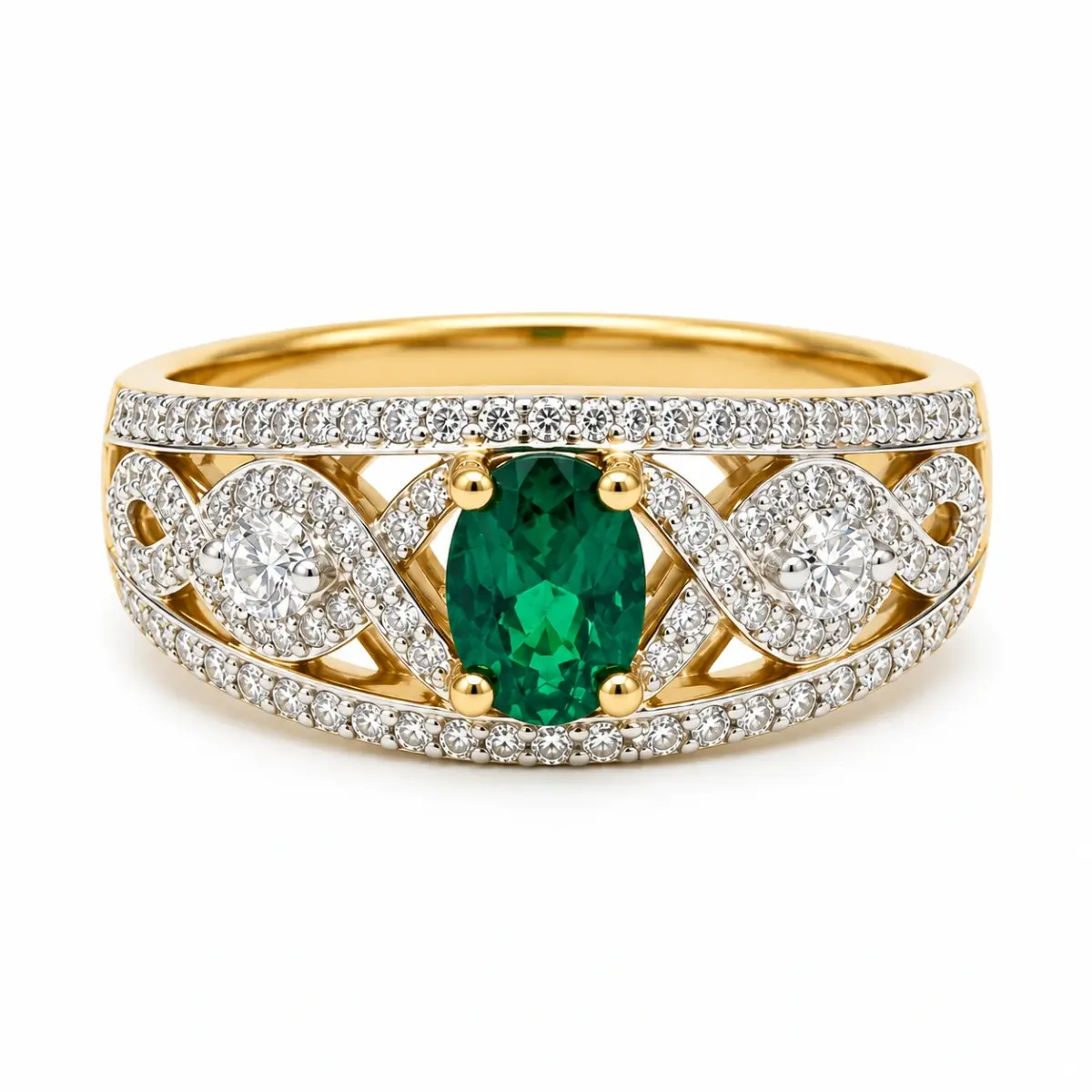 9ct Yellow Gold Oval Created Emerald & Cubic Zirconia Dress Ring - D6181CREM
