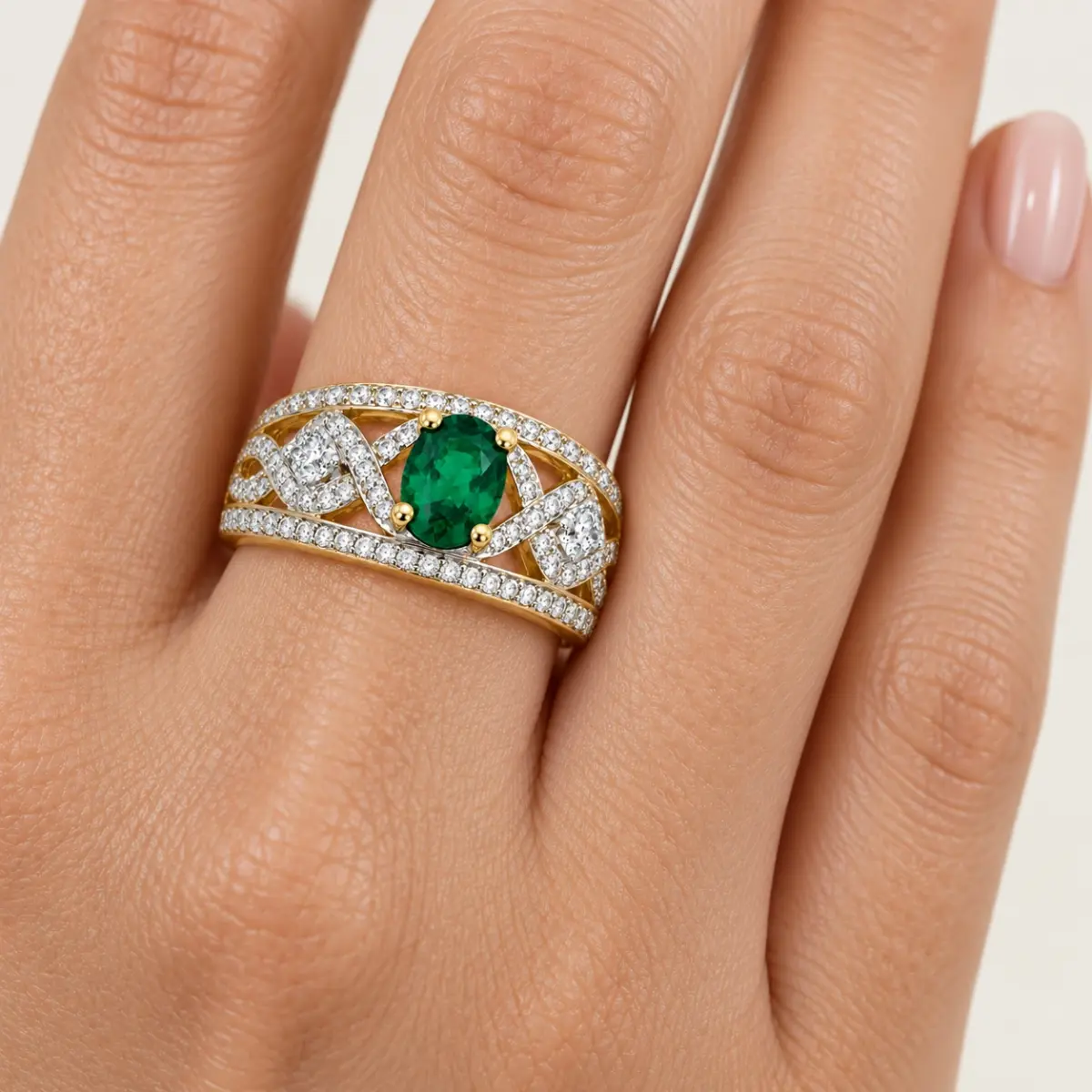 9ct Yellow Gold Oval Created Emerald & Cubic Zirconia Dress Ring - D6181CREM