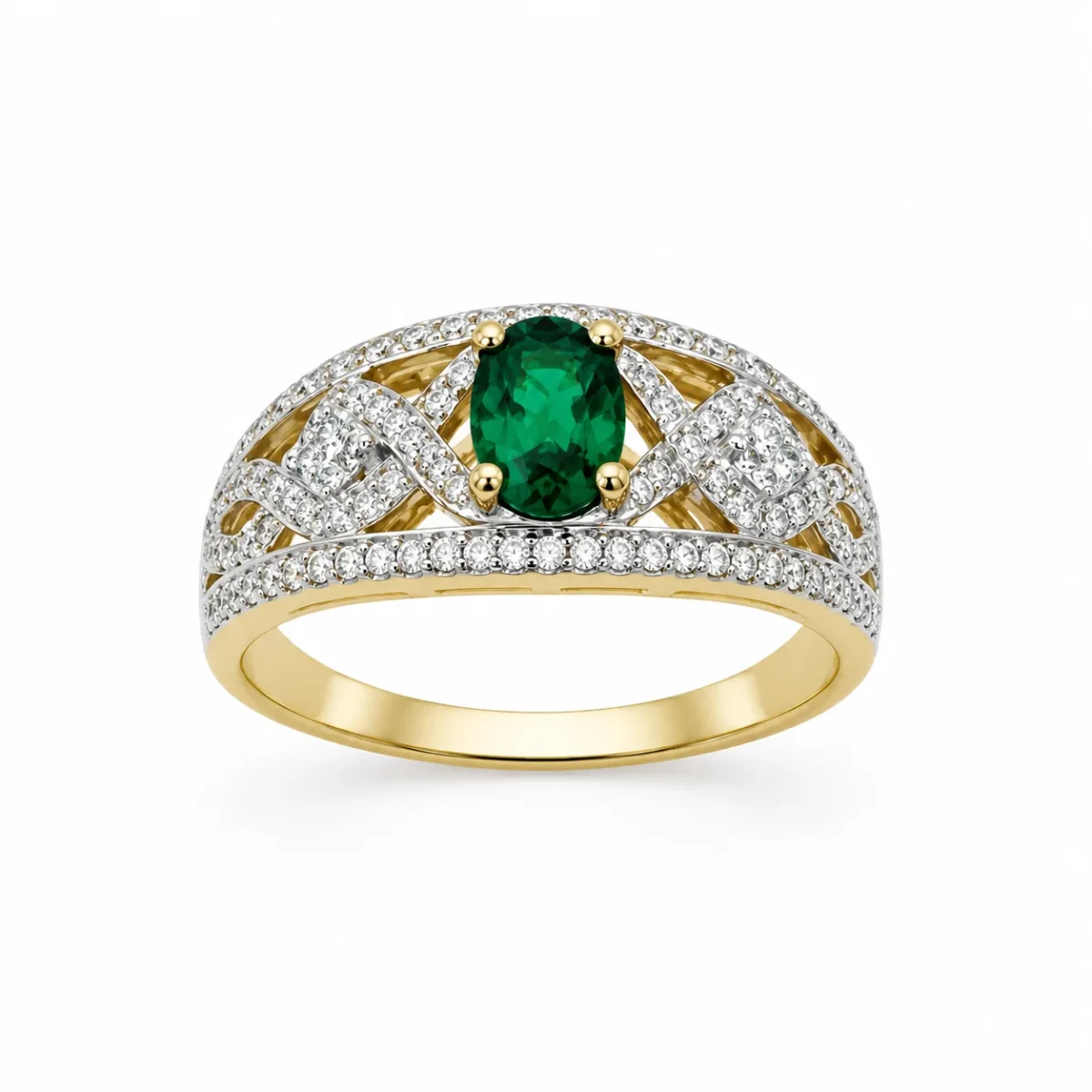 9ct Yellow Gold Oval Created Emerald & Cubic Zirconia Dress Ring - D6181CREM