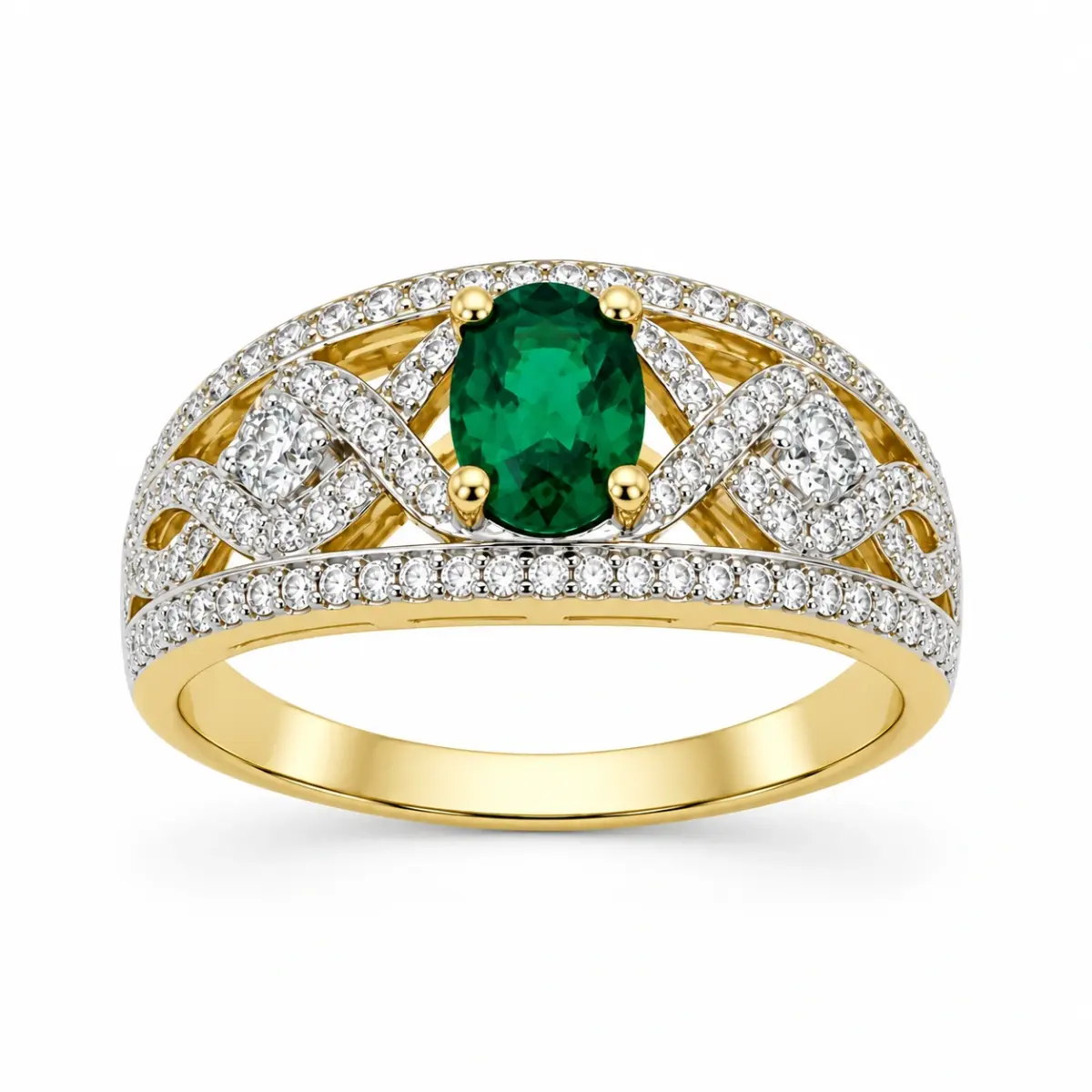 9ct Yellow Gold Oval Created Emerald & Cubic Zirconia Dress Ring - D6181CREM