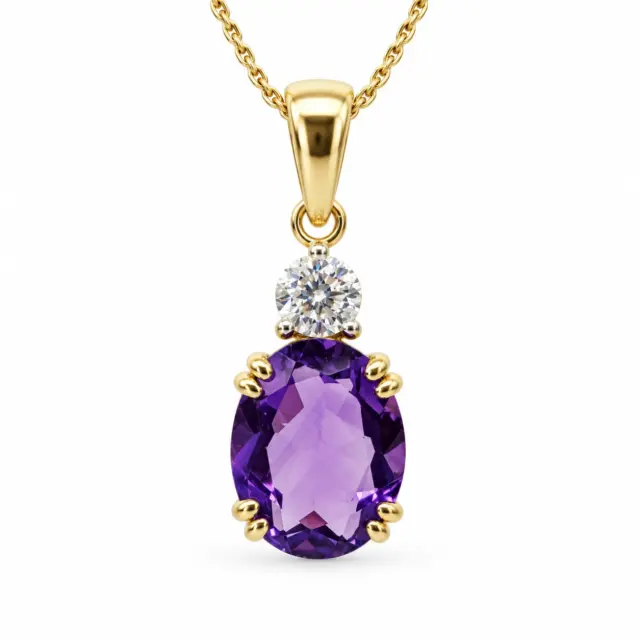 9ct Yellow Gold Oval Cut Amethyst and 0.17ct Round Cut Lab Grown Diamond Pendant - D/A470PD-AMYLGD