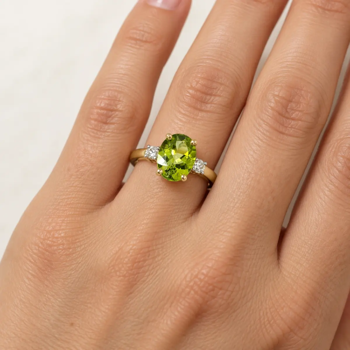 9ct Yellow Gold Oval Peridot and Diamond Ring