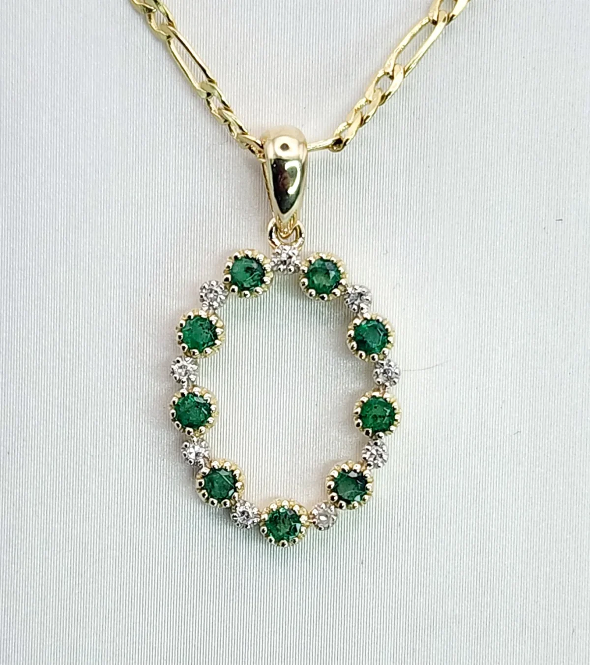 9ct Yellow Gold Oval Shaped Emerald and Diamond Pendant