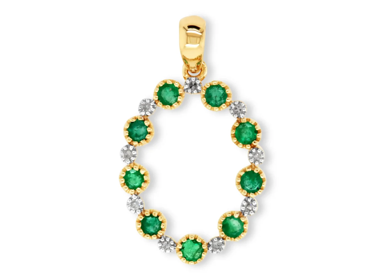 9ct Yellow Gold Oval Shaped Emerald and Diamond Pendant