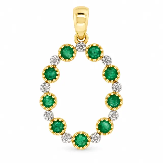 9ct Yellow Gold Oval Shaped Emerald and Diamond Pendant