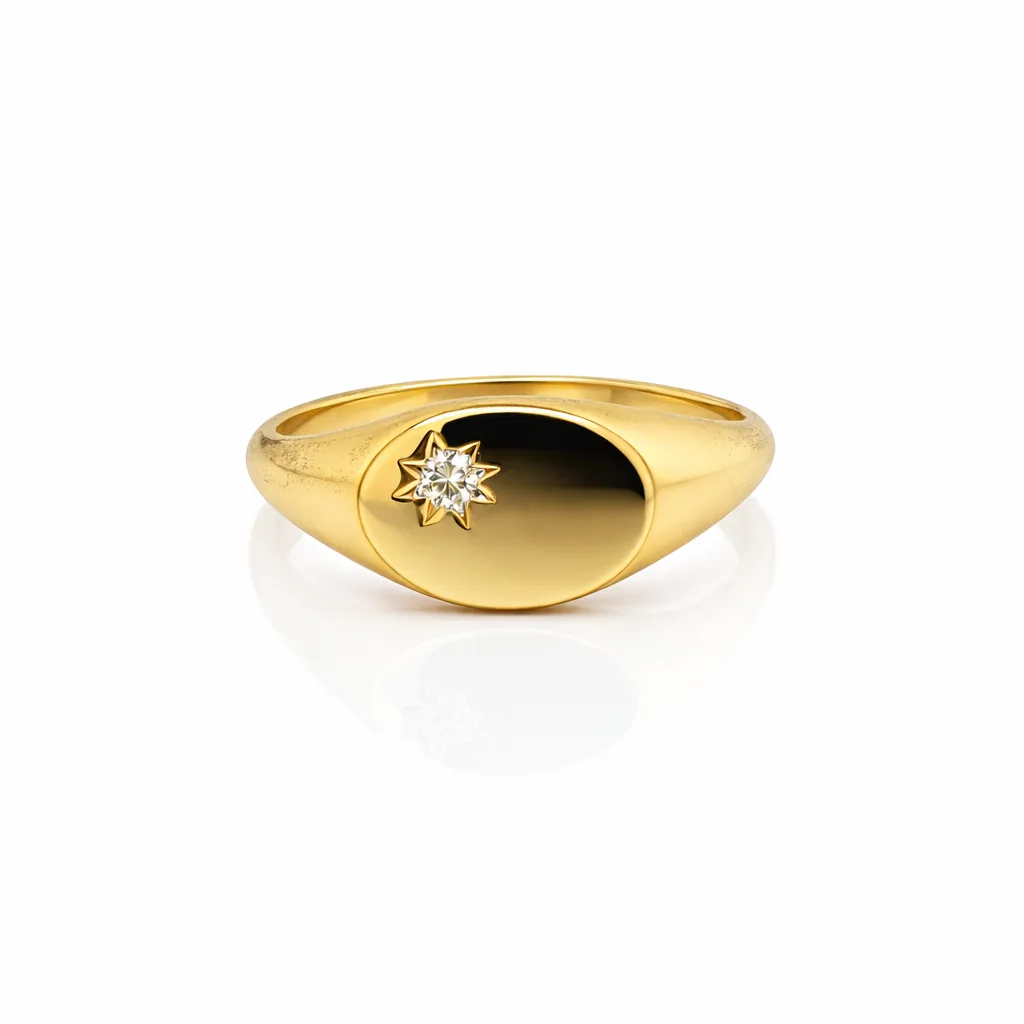 9ct Yellow Gold Oval Signet Ring with 0.02ct Diamond – Star Set Claw Diamond Signet Ring - LD970X