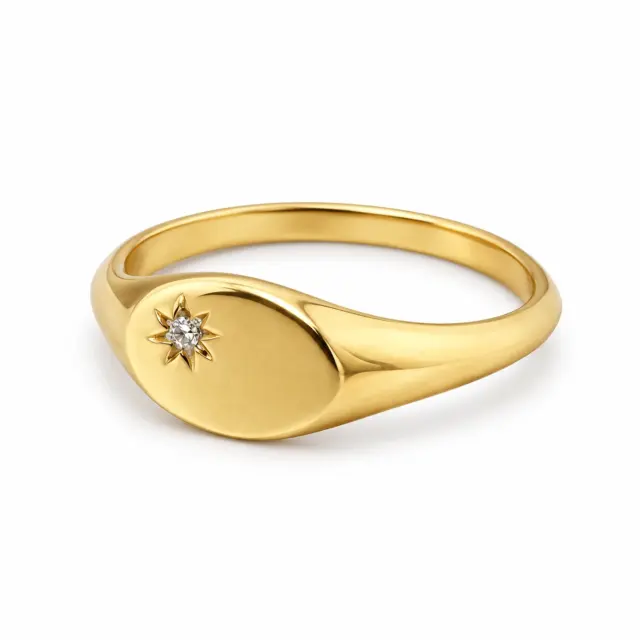 9ct Yellow Gold Oval Signet Ring with 0.02ct Diamond – Star Set Claw Diamond Signet Ring - LD970X