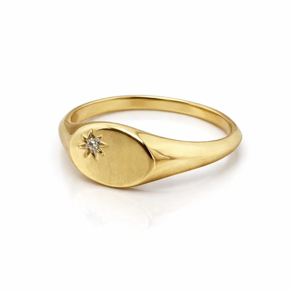 9ct Yellow Gold Oval Signet Ring with 0.02ct Diamond – Star Set Claw Diamond Signet Ring - LD970X