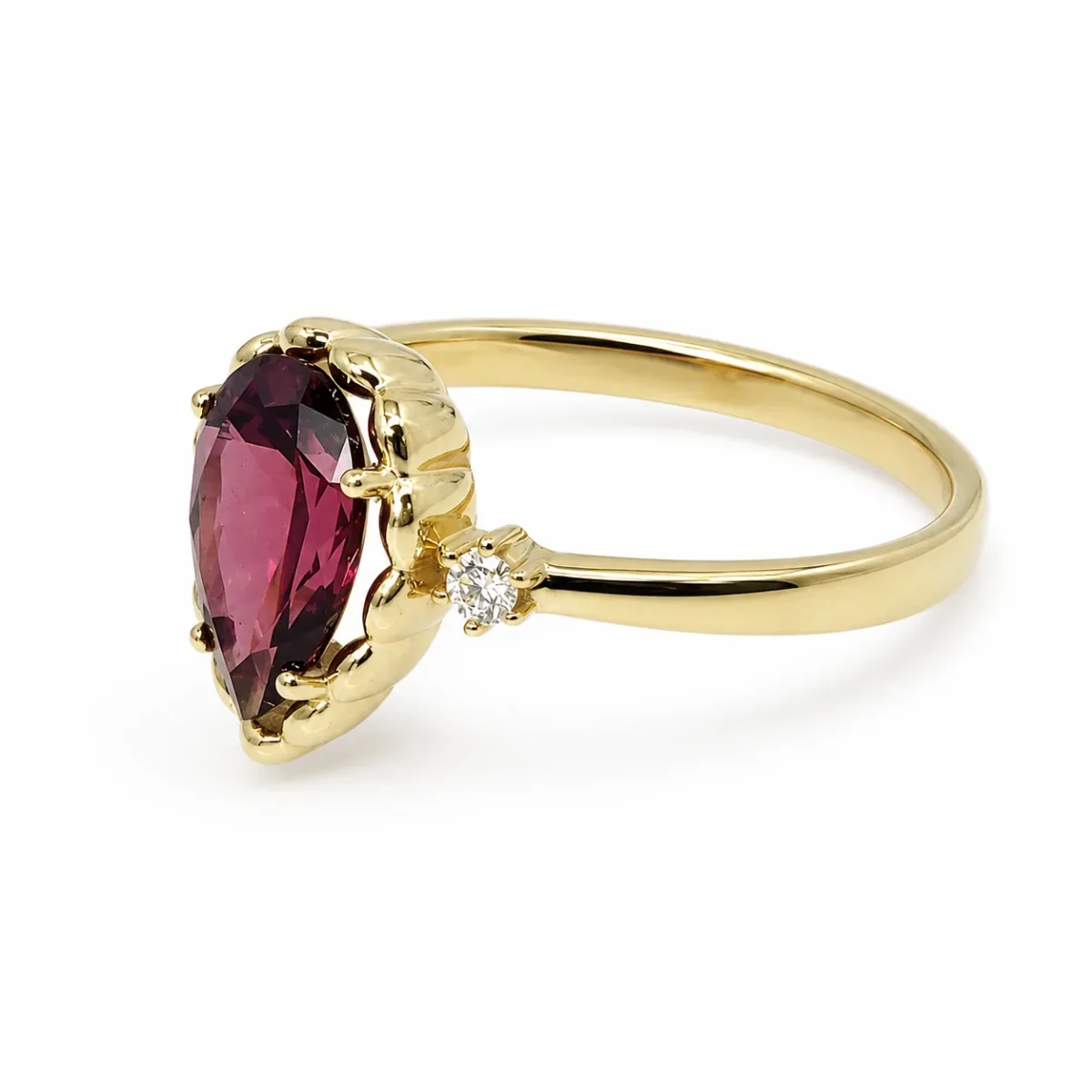 9ct Yellow Gold Pear Shaped Pink Rhodolite & Natural Diamond Dress Ring - 573297