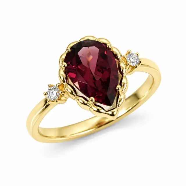 9ct Yellow Gold Pear Shaped Pink Rhodolite & Natural Diamond Dress Ring - 573297