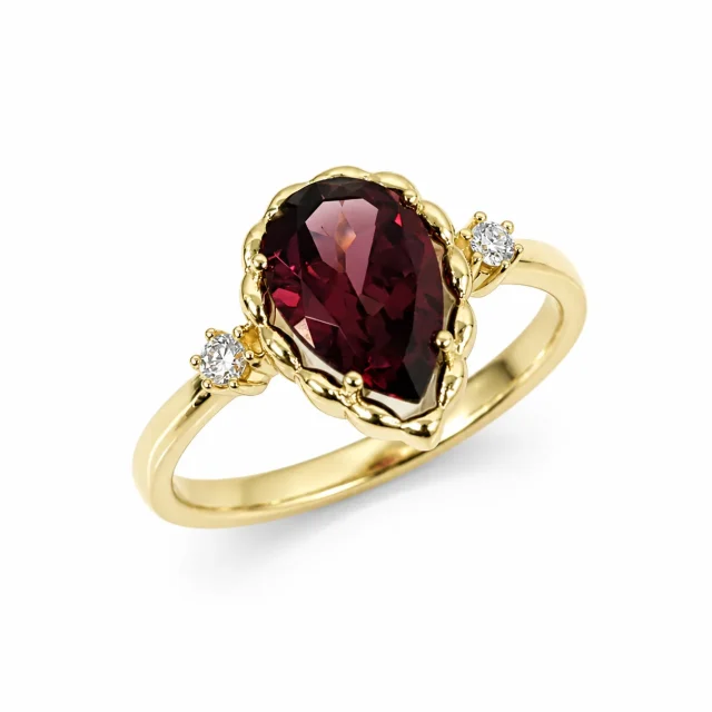 9ct Yellow Gold Pear Shaped Pink Rhodolite & Natural Diamond Dress Ring - 573297