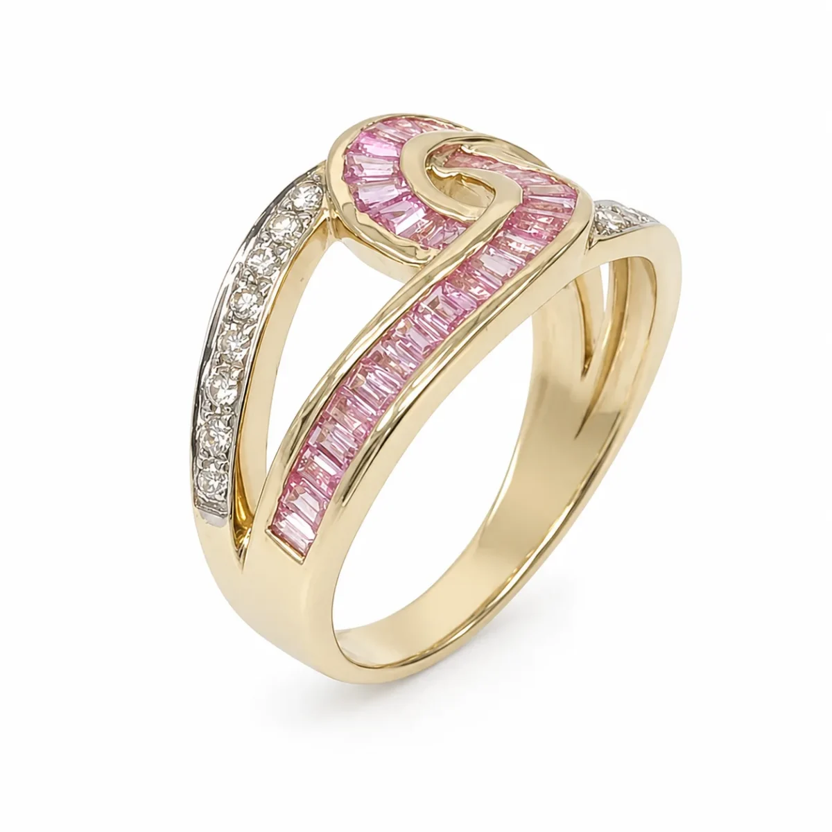 9ct Yellow Gold Pink Sapphire & Natural Diamond Swirl Dress Ring - 9CTCYR8183