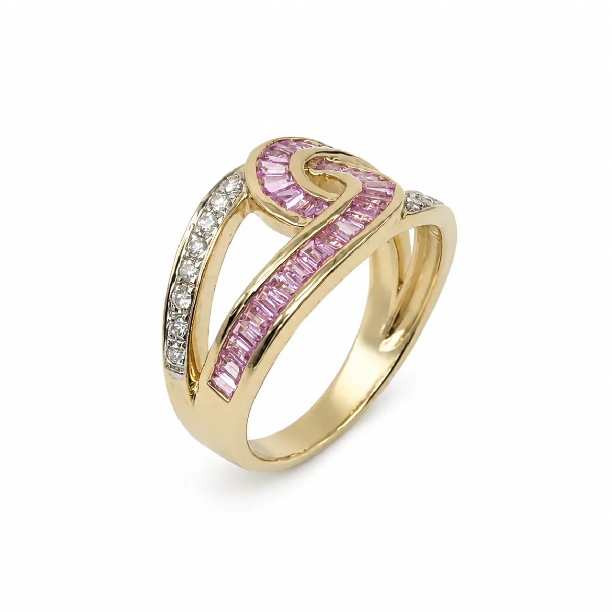 9ct Yellow Gold Pink Sapphire & Natural Diamond Swirl Dress Ring - 9CTCYR8183