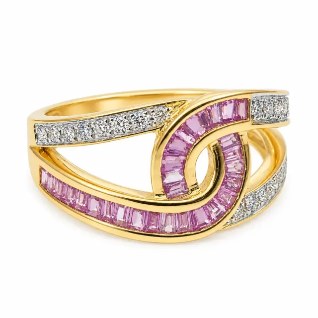 9ct Yellow Gold Pink Sapphire & Natural Diamond Swirl Dress Ring - 9CTCYR8183