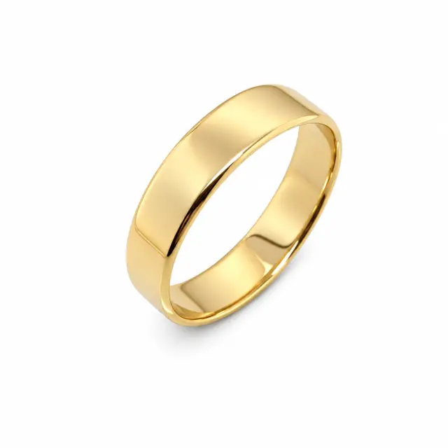 9ct Yellow Gold Plain Flat Profile Wedding Band – 5mm Bevelled Edge