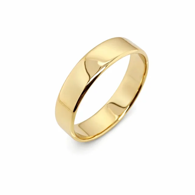 9ct Yellow Gold Plain Flat Profile Wedding Band – 5mm Bevelled Edge