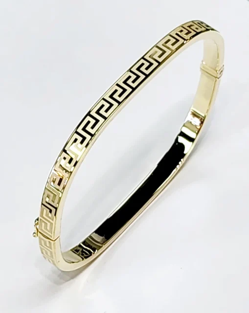 9ct Yellow Gold Polished 5mm Wide Flat Sqaure Greek Key Design Hinged Bangle
