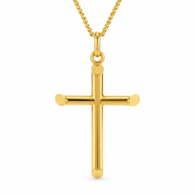 9ct Yellow Gold Polished Chiseled Edge Plain Round Cross 32mm Length, 22mm Width
