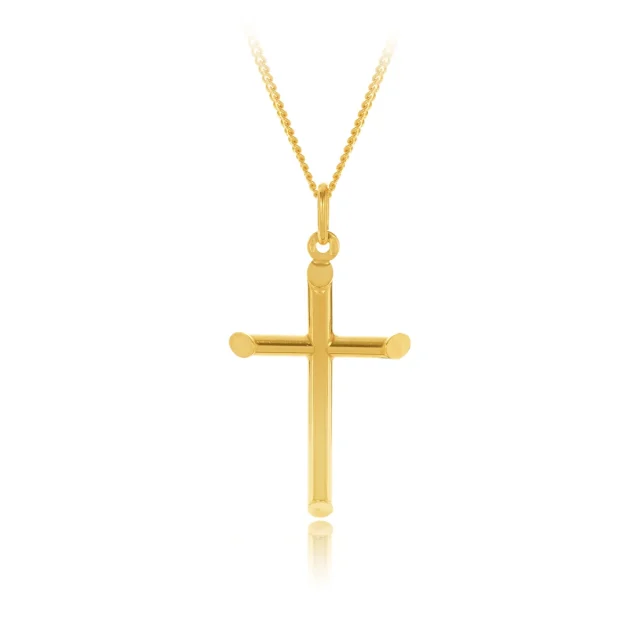 9ct Yellow Gold Polished Chiseled Edge Plain Round Cross 32mm Length, 22mm Width