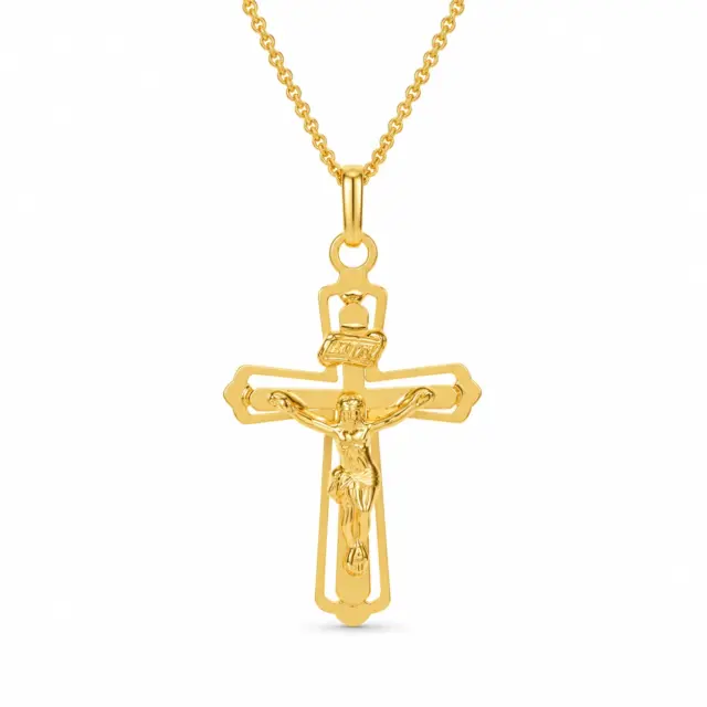 9ct Yellow Gold Polished Flat Profile Fan Out Edges Crucifix 25mm Length, 18mm Width