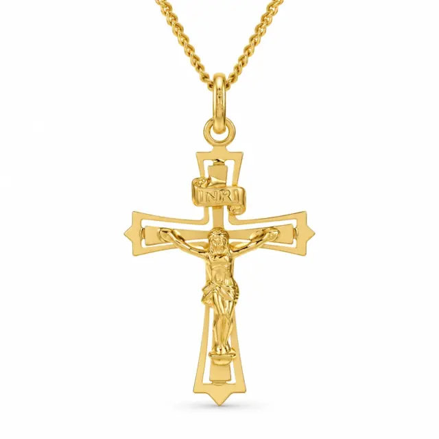 9ct Yellow Gold Polished Flat Profile Fan Out Edges Crucifix 35mm Length, 21mm Width - 30PCL013