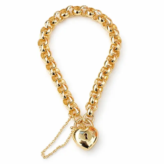9ct Yellow Gold Puff Heart Padlock Bracelet – 14.30g, 19cm Belcher Link with Safety Chain - 9CTCYBA56