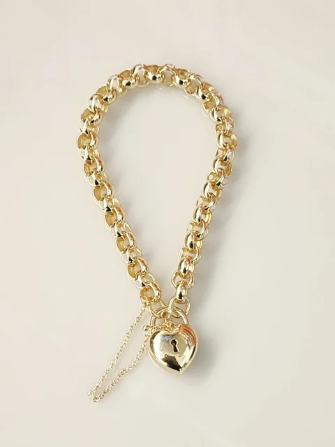 9ct Yellow Gold Puff Heart Padlock Bracelet – 14.30g, 19cm Belcher Link with Safety Chain - 9CTCYBA56