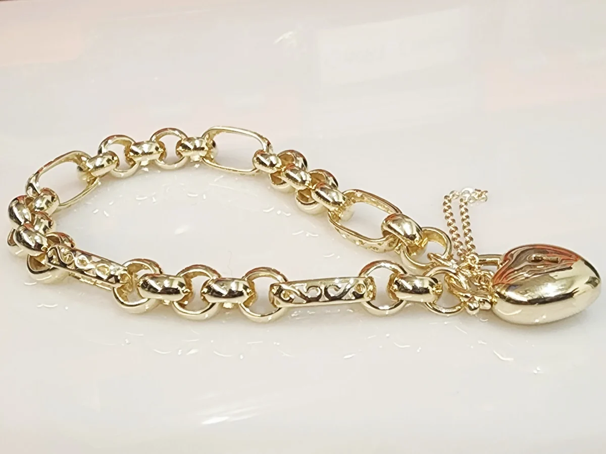 9ct Yellow Gold Puff Heart Padlock Bracelet – 19cm, 15.50g Solid & Filigree Link Design - 9CTCYBA288