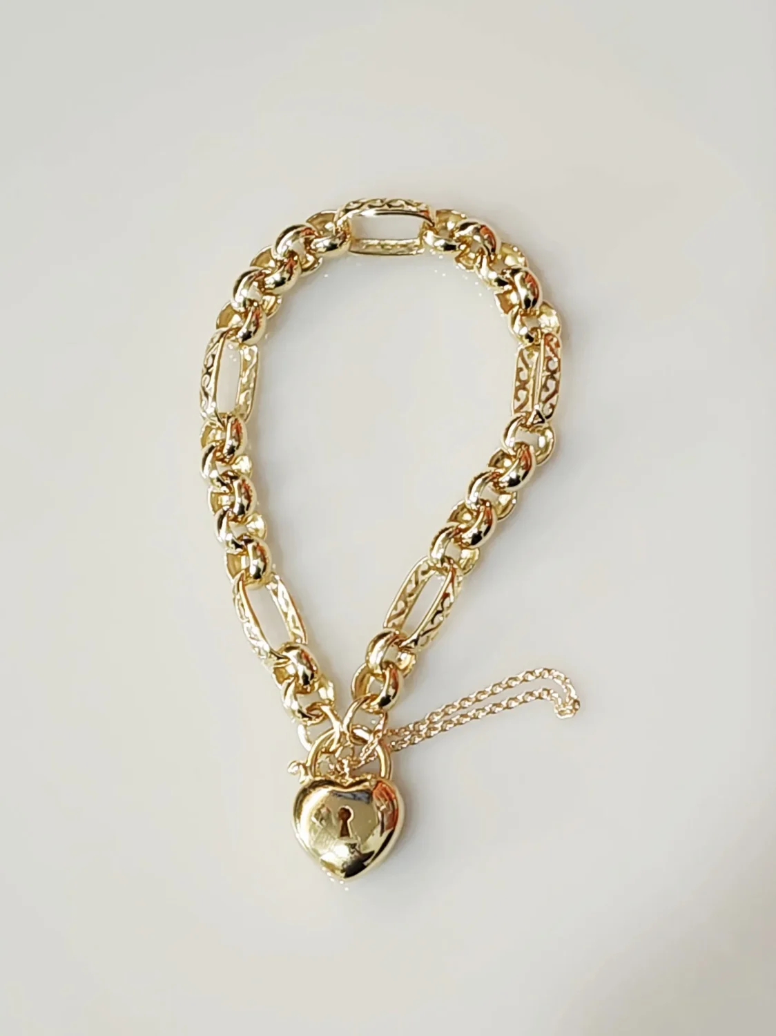 9ct Yellow Gold Puff Heart Padlock Bracelet – 19cm, 15.50g Solid & Filigree Link Design - 9CTCYBA288