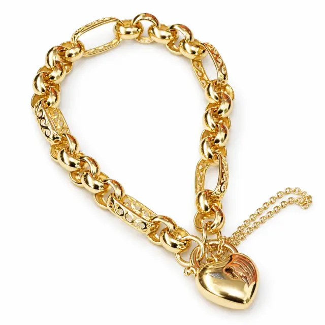 9ct Yellow Gold Puff Heart Padlock Bracelet – 19cm, 15.50g Solid & Filigree Link Design - 9CTCYBA288