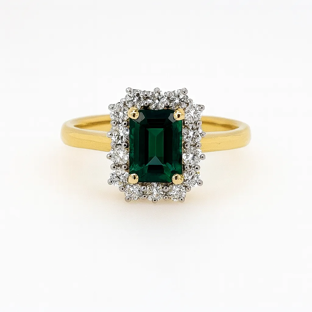 9ct Yellow Gold Radiant Cut Emerald & 1.05ct Diamond Halo Ring – Lab-Grown - AURG726-EM