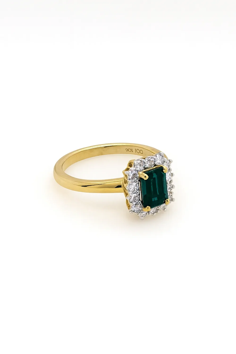 9ct Yellow Gold Radiant Cut Emerald & 1.05ct Diamond Halo Ring – Lab-Grown - AURG726-EM